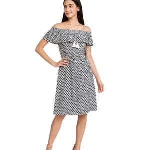 Kate Spade New York Black White Arrow Stripe Off Shoulder Dress Tassels Size M